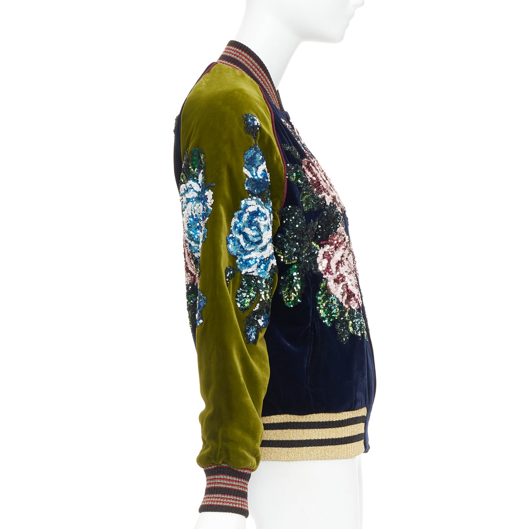 GUCCI Alessandro Michele 2017 navy olive rose sequin velvet bomber jacket IT40 S