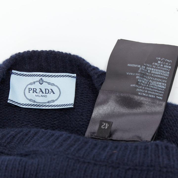 PRADA 2016 navy wool cashmere ribbon tie side crew neck sweater IT42 M