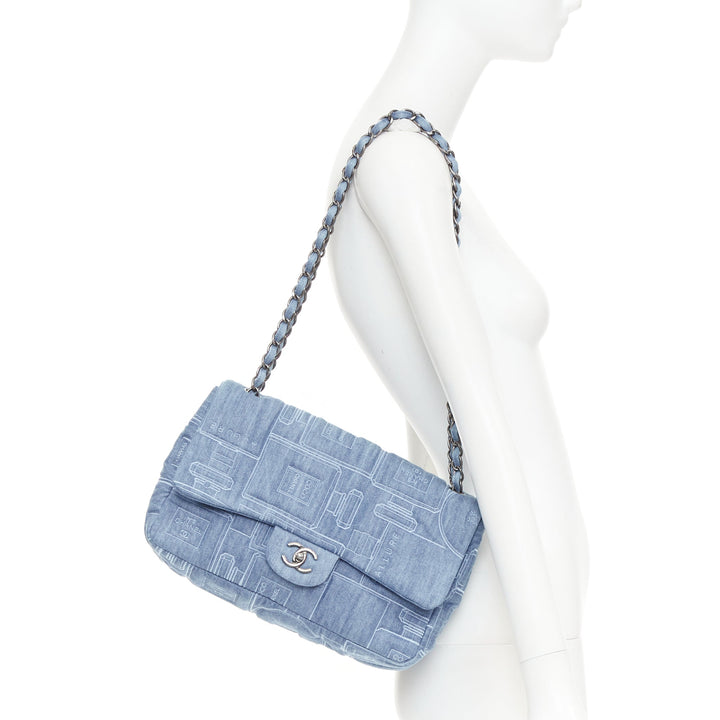 rare CHANEL 2016 Runway Perfume Bottle Embroidered Denim Jumbo Single Flap bag