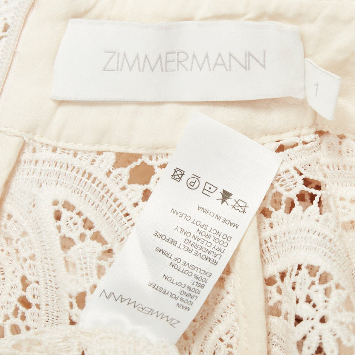 ZIMMERMANN Amari cream paisley floral lace cotton lined peasant dress Sz1 S