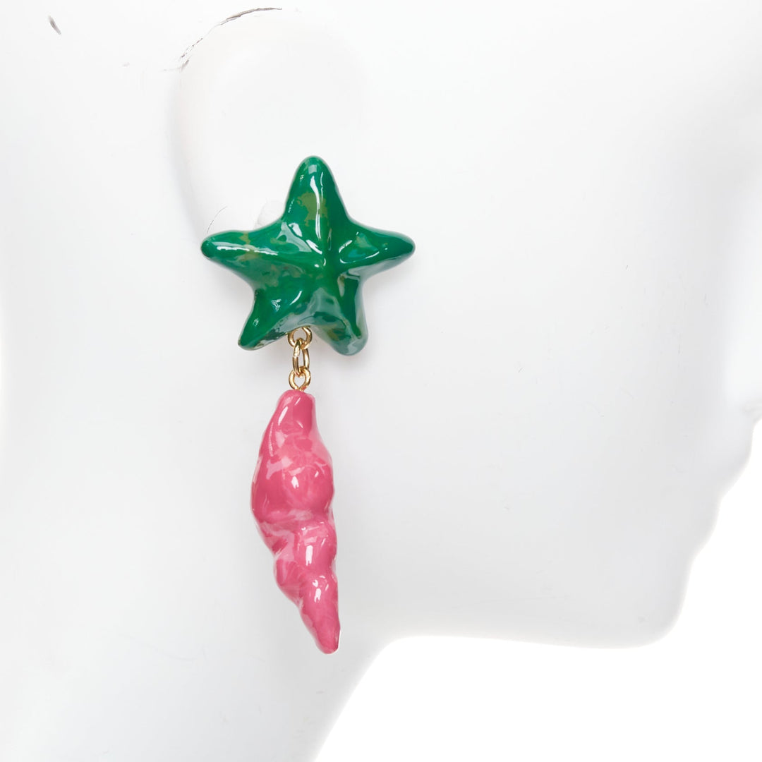 SAINT LAURENT green star pink seashell glazed resin gold brass clip earring Pair