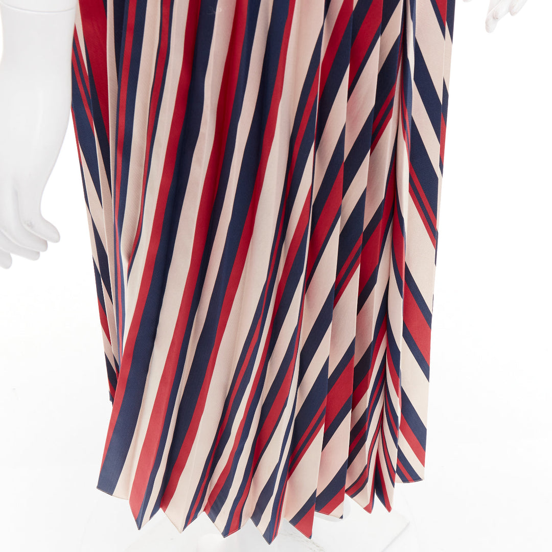 TOME beige red navy chevron print pleated V neck black trim midi dress S