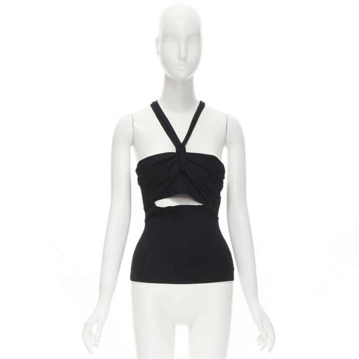 NANUSHKA black twist V strap cut out under bust knitted woven stretch top S
