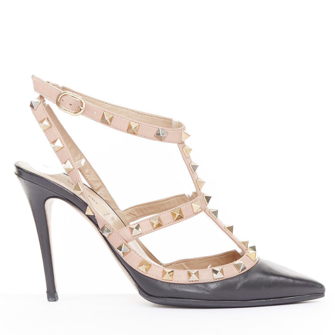 VALENTINO Rockstud black leather poudre cage stiletto pumps EU37 US7