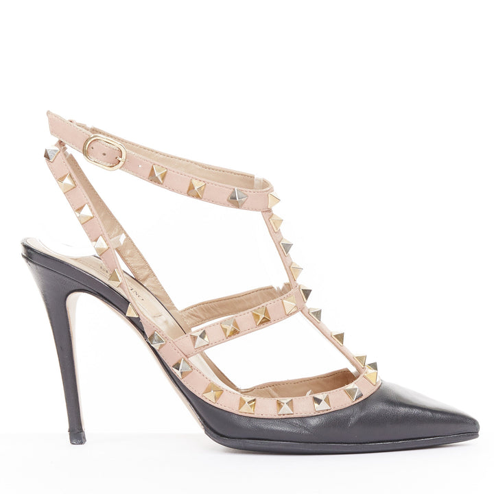 VALENTINO Rockstud black leather poudre cage stiletto pumps EU37 US7