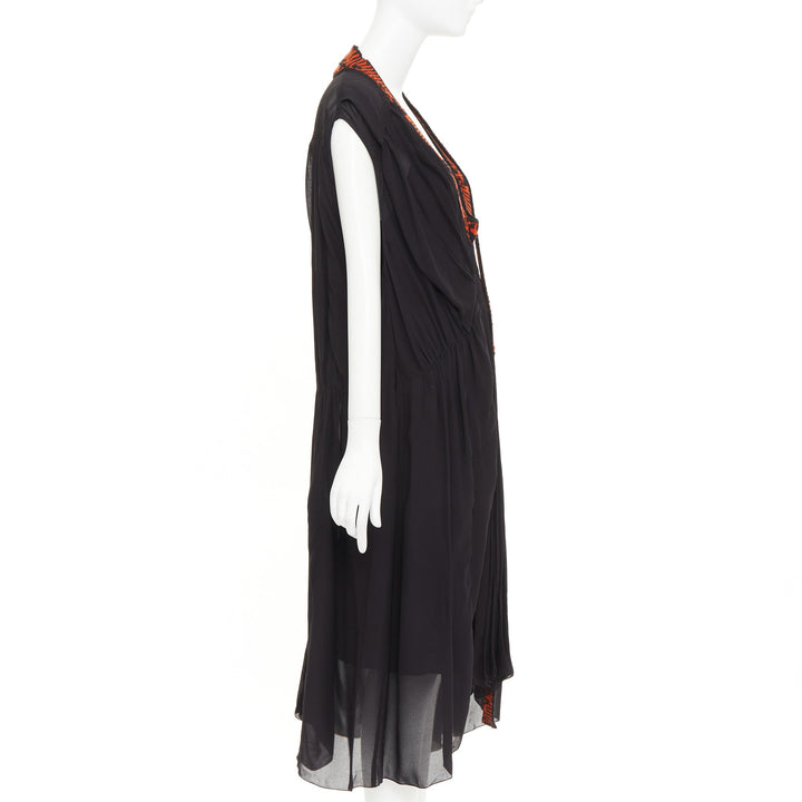 PRADA 2021 Runway black voile red sable jacquard knit neck midi dress IT38 XS