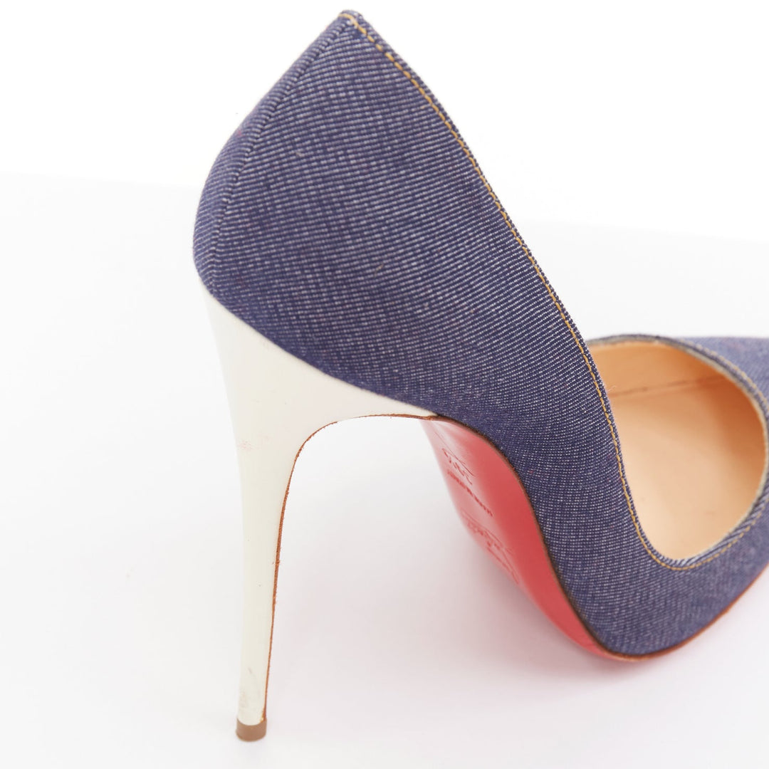 CHRISTIAN LOUBOUTIN So Kate 120 blue indigo denim white heel pumps EU39.5