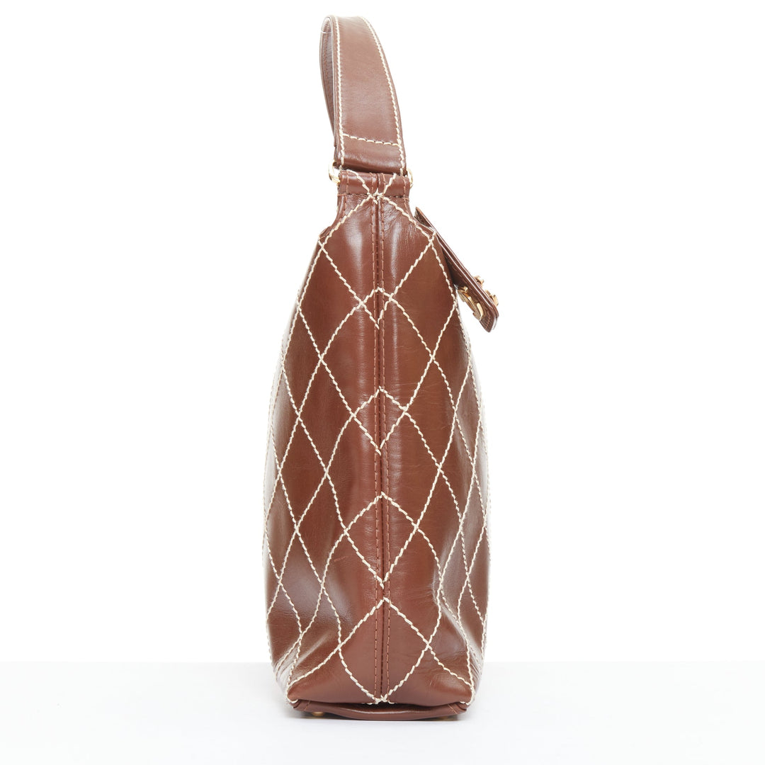 CHANEL Surpique Wild Stitch brown leather gold CC logo shoulder hobo bag