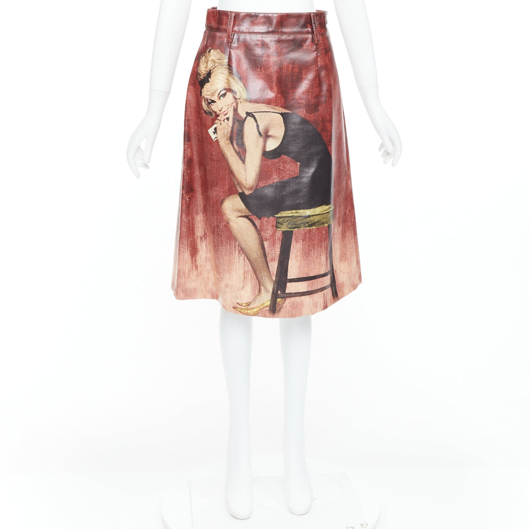 rare PRADA 2017 Runway burgundy coated cotton Poster Pin Up Girl skirt IT38 XS