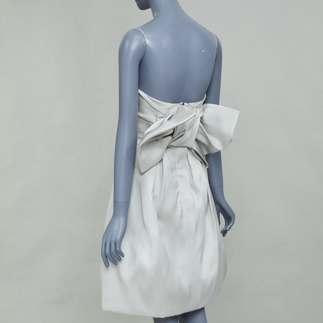 LANVIN Bridal light gray structural strapless bow back pleated bell dress FR36 S