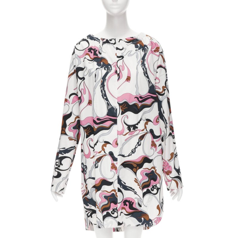 MARNI white navy pink swirl floral cotton boat neck long sleeve dress IT40 S