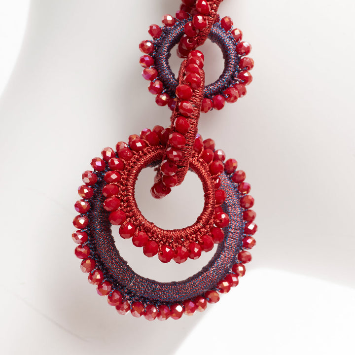 BIBI MARINI red fabric beads applique multi hoop clip on earrings pair