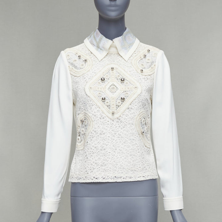PETER PILOTTO cream wool blend lace dome beaded blouse UK8 S