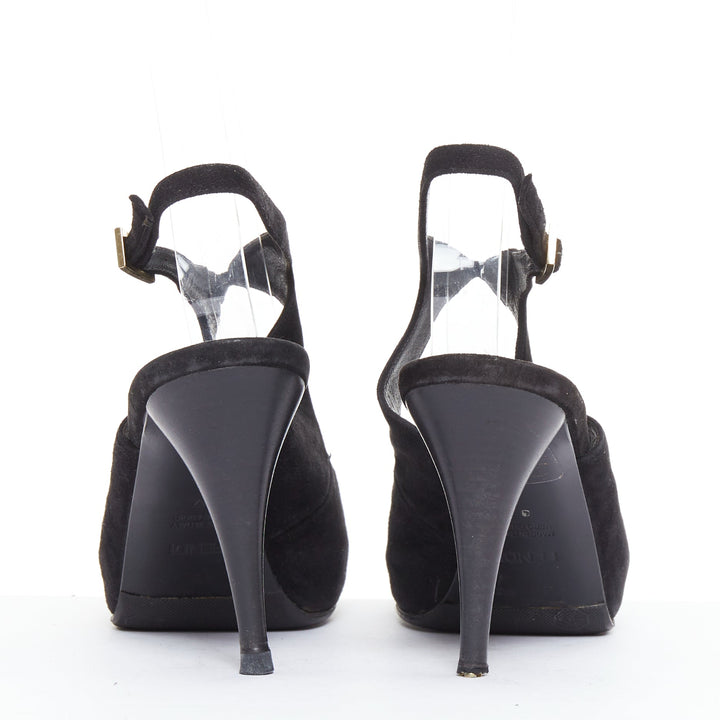 FENDI black suede gold buckle slingback peep toe pumps EU37