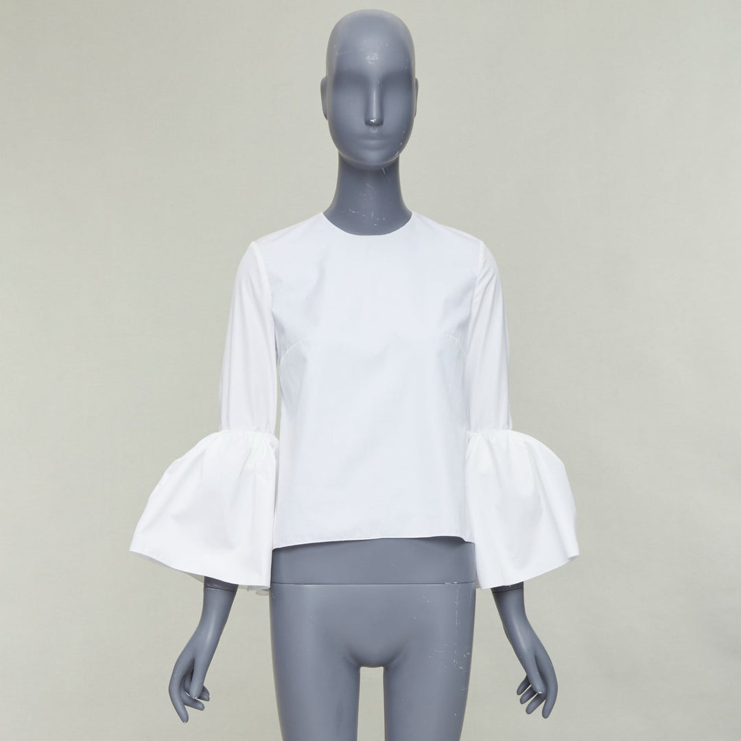 ROKSANDA cream cotton fit flare ruffled cuff fitted crew neck shirt UK6 XS