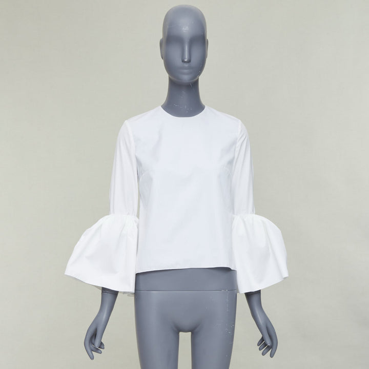 ROKSANDA cream cotton fit flare ruffled cuff fitted crew neck shirt UK6 XS