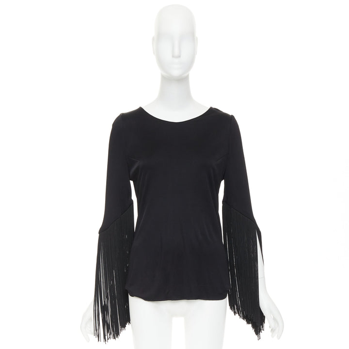 GALVAN 2018 Vesper black viscose fringe roped half sleeve bateau neck top FR40 S