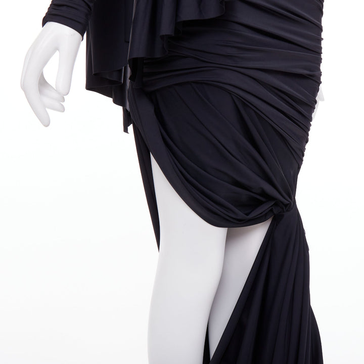 BALENCIAGA Demna 2021 Runway black gathered knot draped long train gown FR36 S