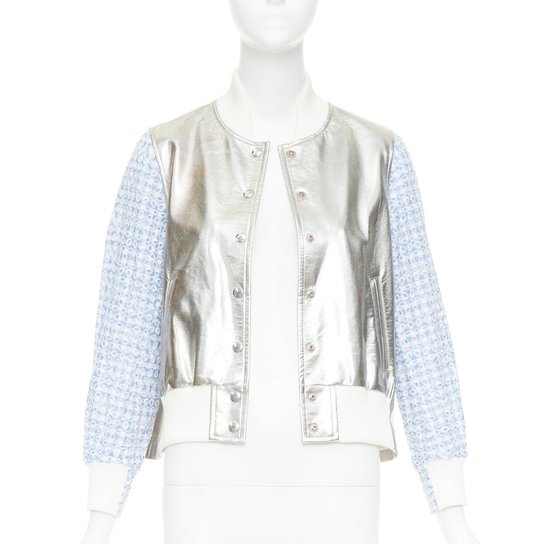 SACAI LUCK blue check embroidery anglais silver flared varsity jacket JP1 S