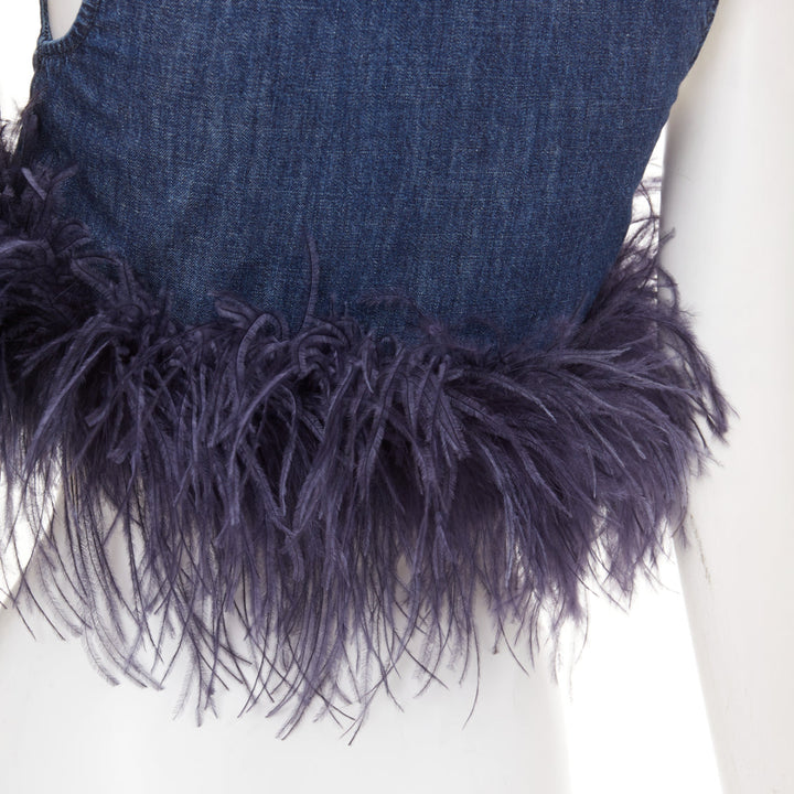 VALENTINO 2023 VGold blue denim purple turkey feather trimmed crop top IT38 XS