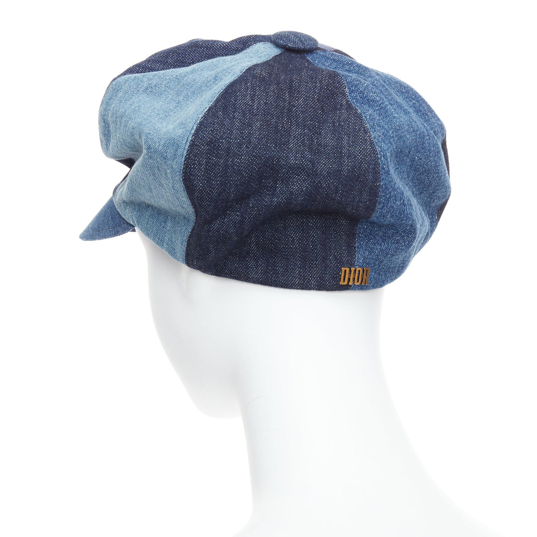 DIOR 2018 blue denim patchwork logo baker newsboy hat 58cm