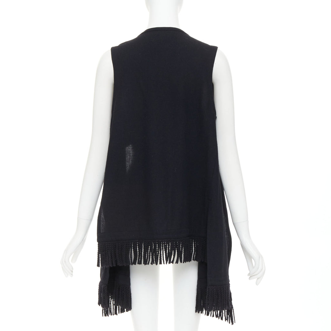LIMI FEU black wool blend fringe hem open front draped long vest