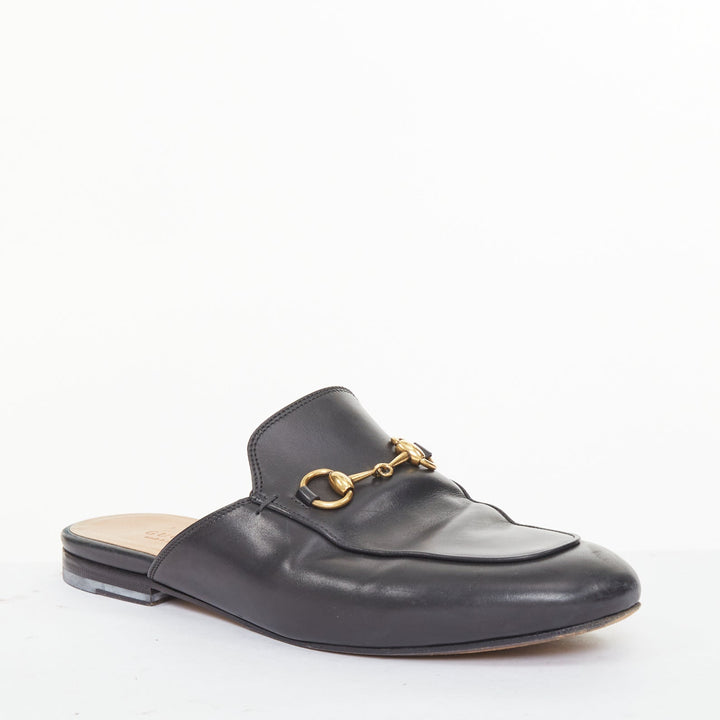 GUCCI Princetown black leather horsebit backless classic loafer mules EU37