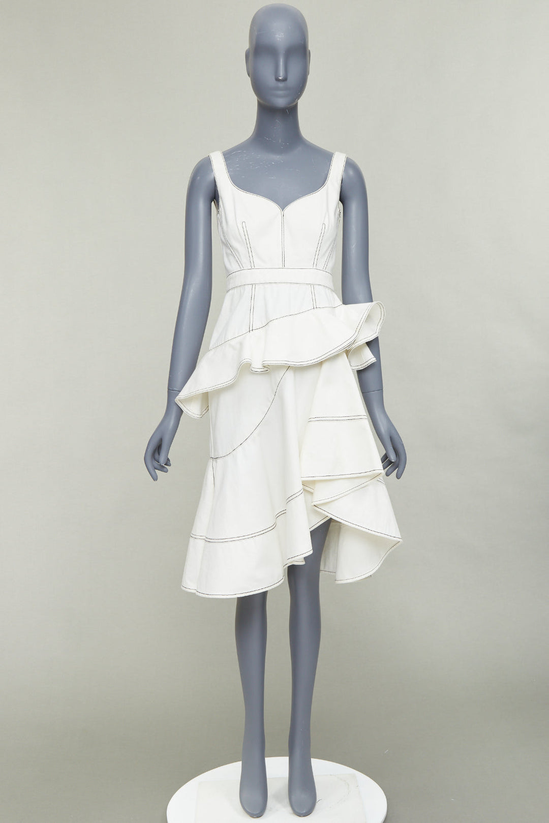 ALEXANDER MCQUEEN 2019 cream denim black topstitch ruffle peplum dress IT40 M
