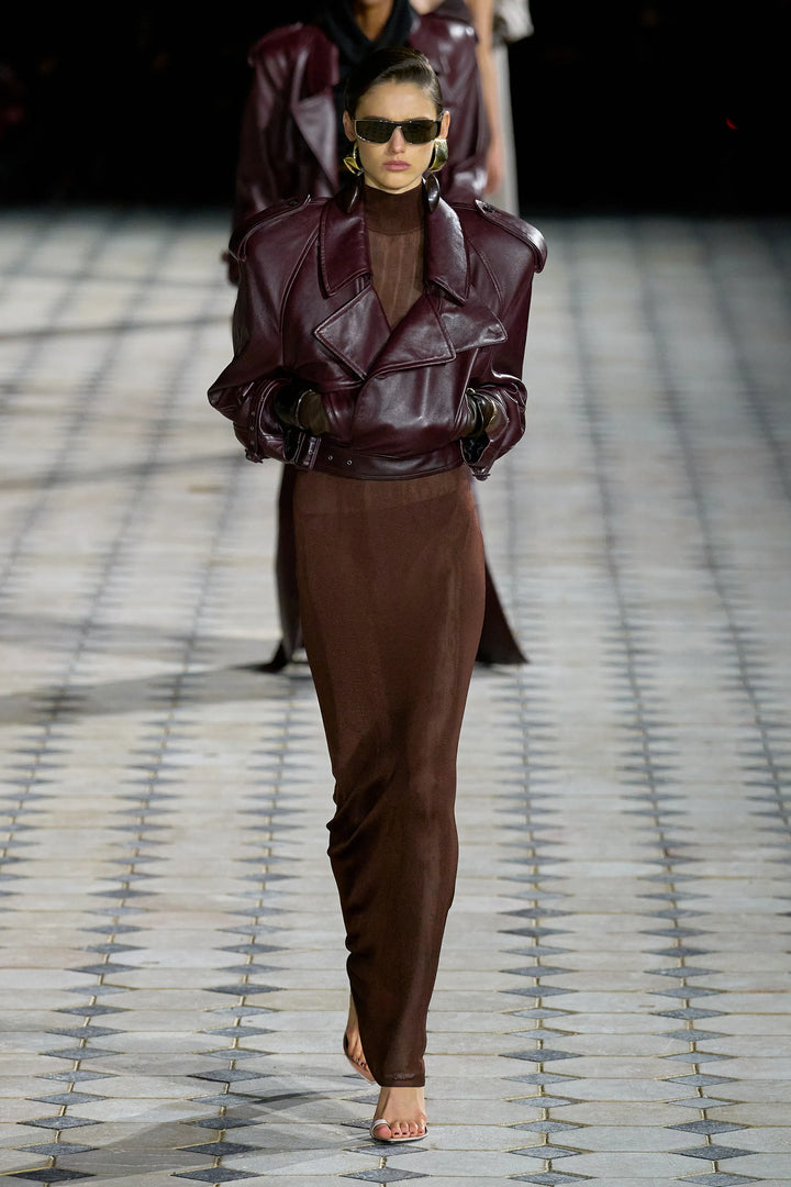 SAINT LAURENT 2023 Runway chocolate dark brown mock neck sheer knit dress XS