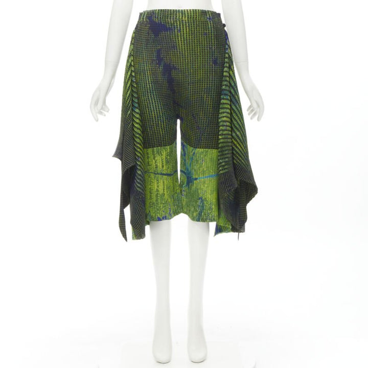 ISSEY MIYAKE green blue abstract print wrap draped culotte shorts S