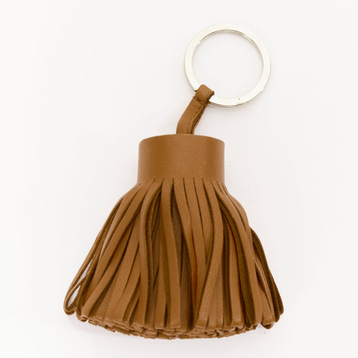 HERMES Milo Carmen brown leather single tassel PHW silver keyring bag charm