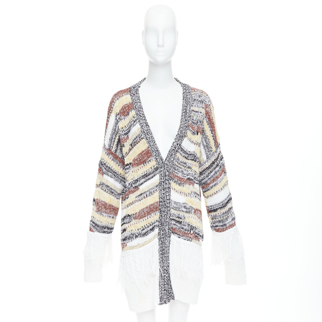 DONDUP melange brown white cotton blend fringe trim cardigan IT40 S