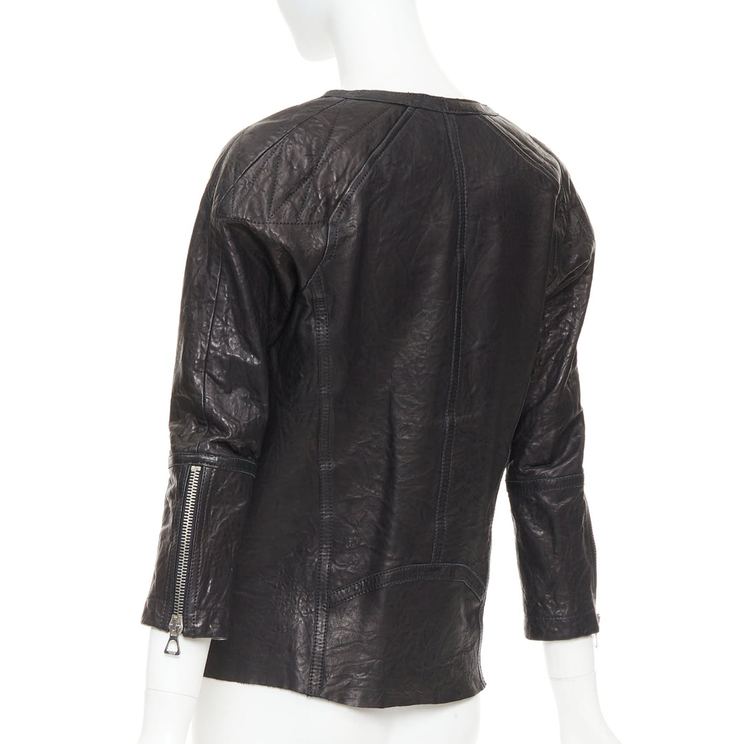 ISABEL MARANT black crinkled leather biker zip pullover jacket FR1 S
