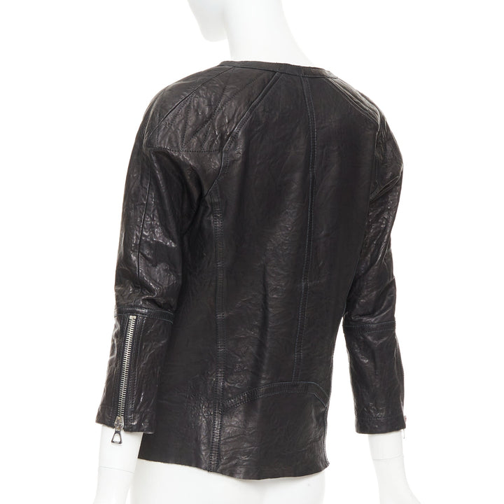 ISABEL MARANT black crinkled leather biker zip pullover jacket FR1 S
