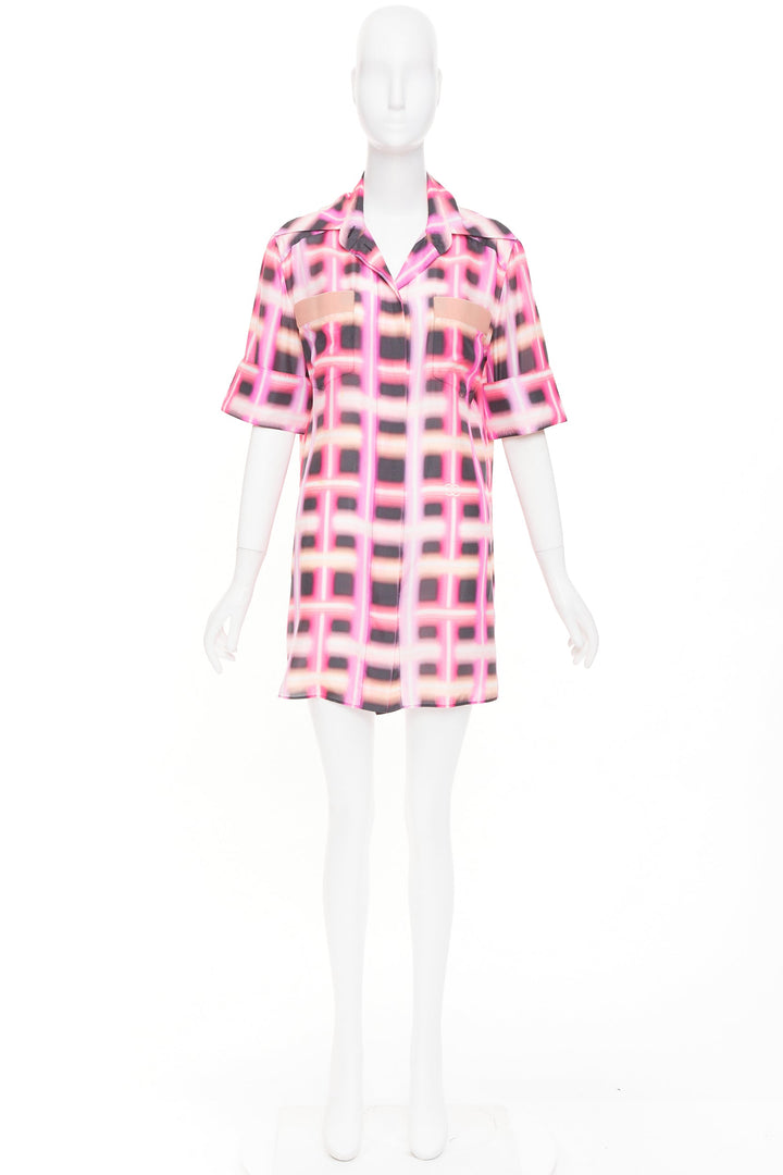 CHANEL 2017 Runway neon pink plaid digital graffiti silk blouse dress FR38 M
