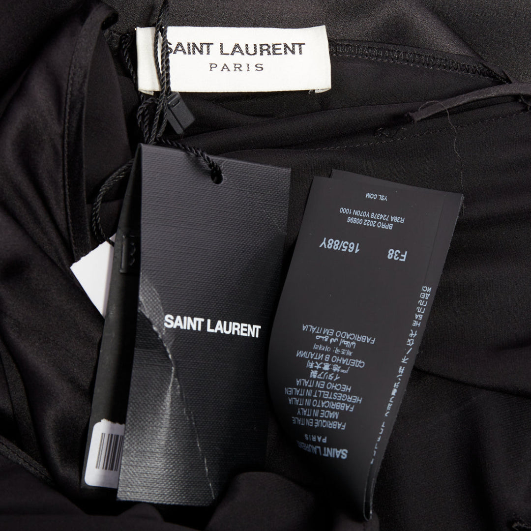 SAINT LAURENT 2022 Runway black silk plunge open back high slit slip gown FR40 M