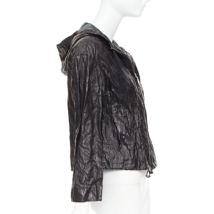 PRADA 2011 Vintage black 100% lambskin crinkled hooded jacket IT36 XXS