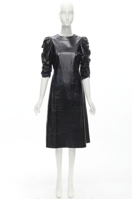 rare OLD CELINE Phoebe Philo black shiney lambskin rusched sleeve dress FR36 S