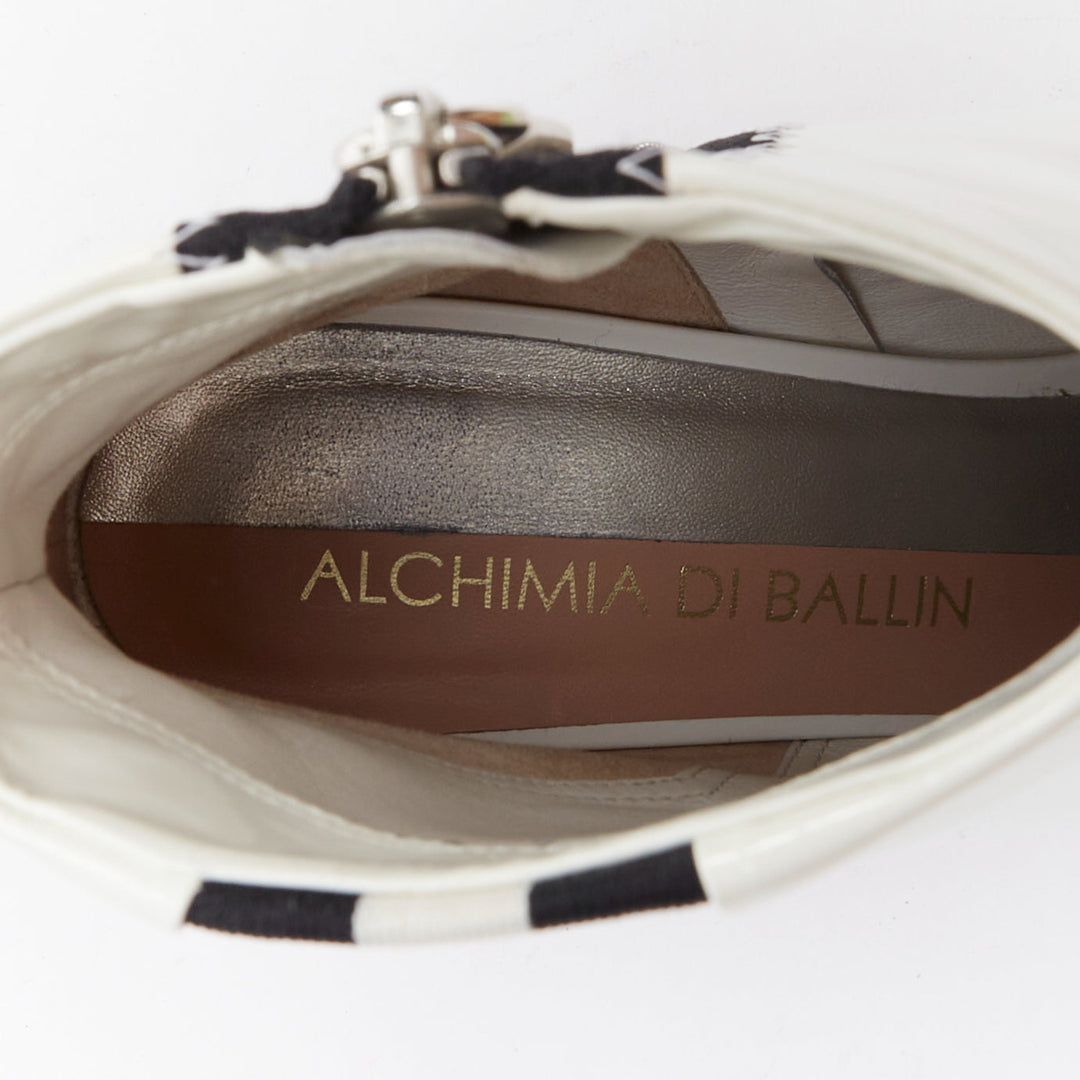 ALCHIMIA DI BALLIN side striped white patent leather silver kitten booties EU38.5