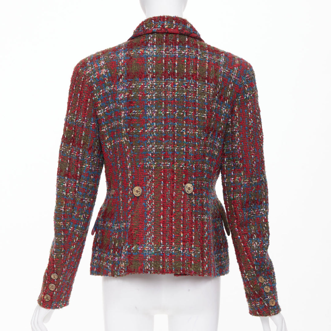 CHRISTIAN LACROIX BAZAR 1996 red plaid tweed crest button blazer jacket FR44 XL