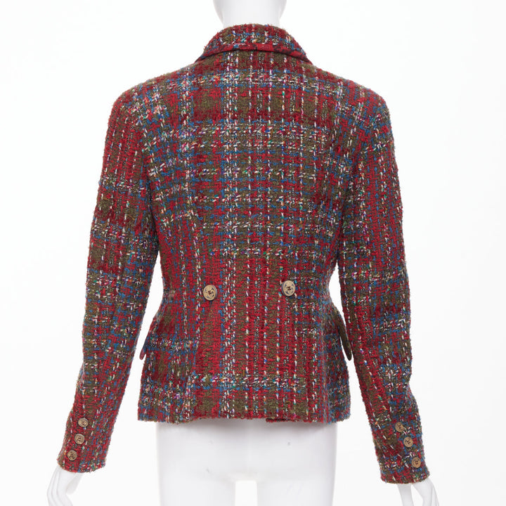 CHRISTIAN LACROIX BAZAR 1996 red plaid tweed crest button blazer jacket FR44 XL