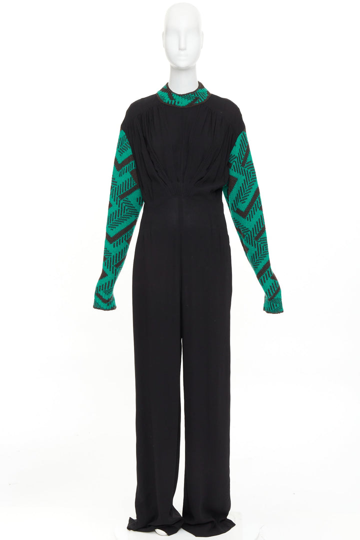 PRADA 2021 Runway black sable green jacquard wool knit pleated jumpsuit IT38 XS