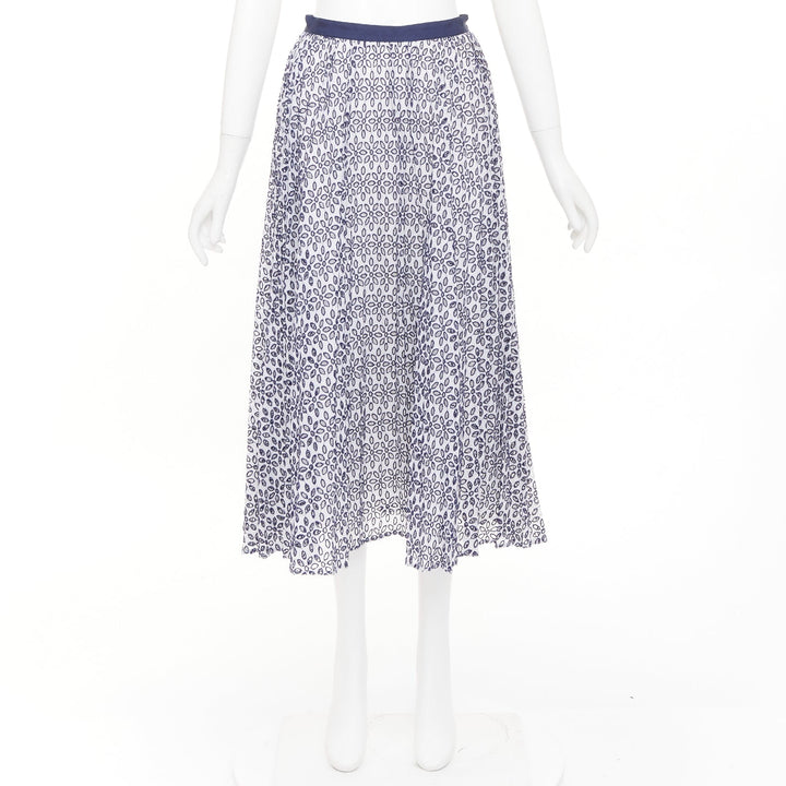 OSCAR DE LA RENTA S17 navy white cotton eyelet floral embroidered skirt XS US0