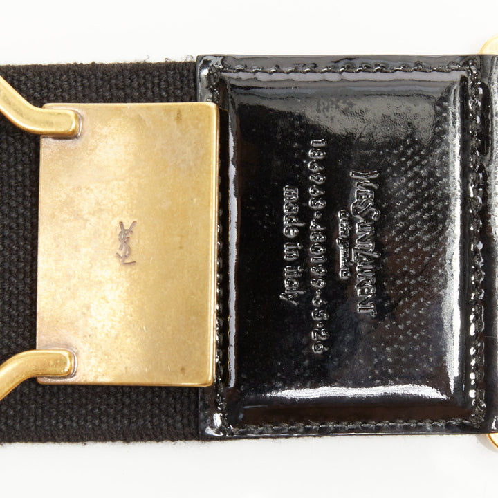 YVES SAINT LAURENT 2002 black patent leather elastic square buckle belt 65cm