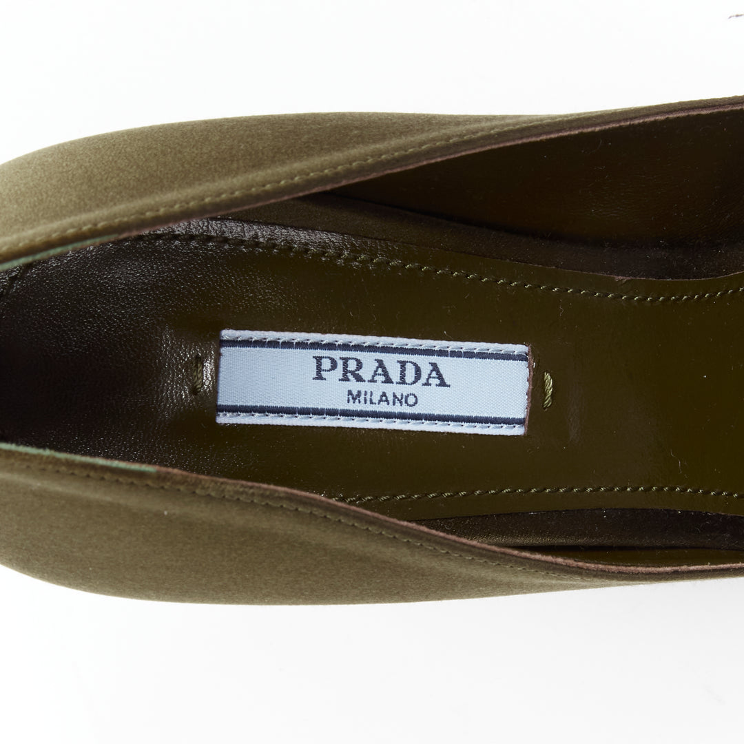 PRADA Lightning Bolt green silk satin gold metal heel pump EU38.5