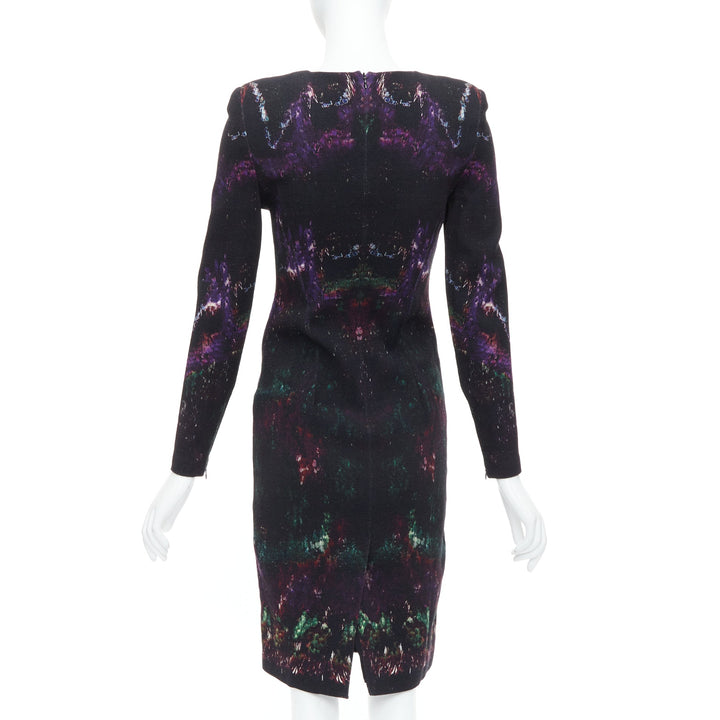 ALEXANDER MCQUEEN 2014 black purple wool feather print sheath dress IT38 XS