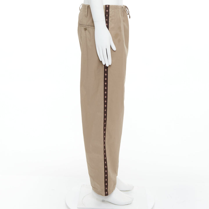 YOHJI YAMAMOTO beige brown ethnic trim drawstring wide pants JP3 L