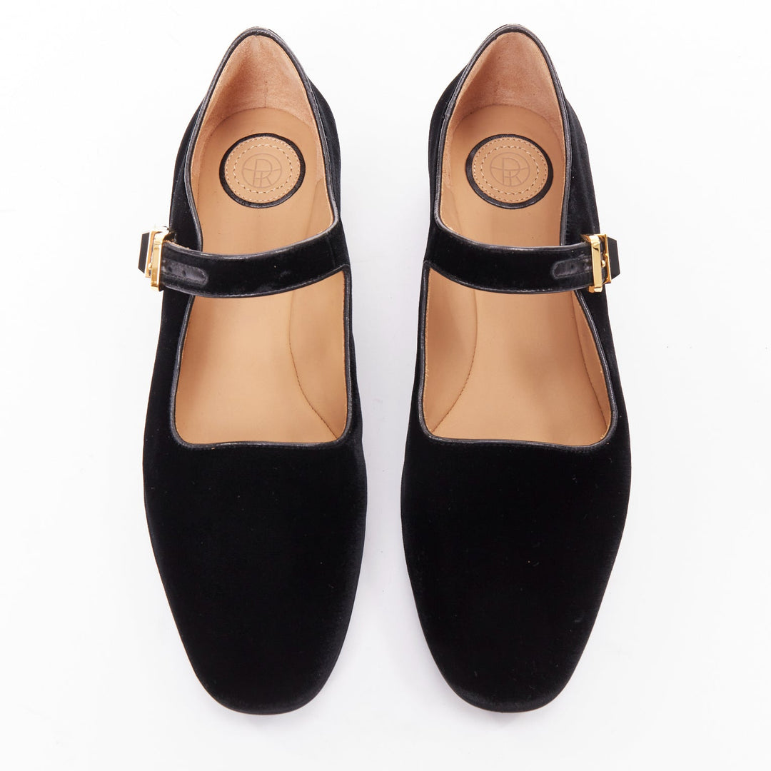 THE ROW Ava Mary Jane black velvet stone obsidian gold hardware flats EU37.5