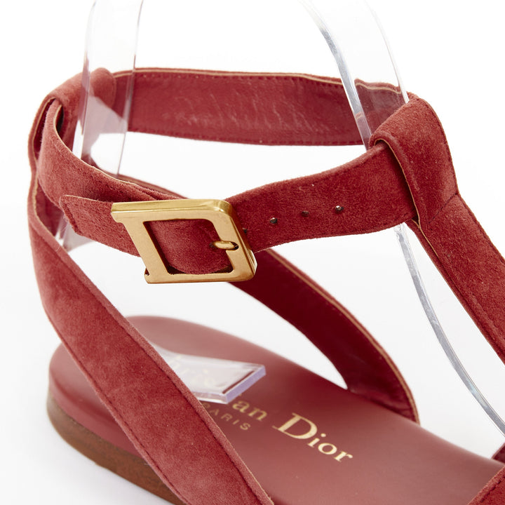 CHRISTIAN DIOR 2018 Double D dusty rose suede cage gladiator flat sandals EU37