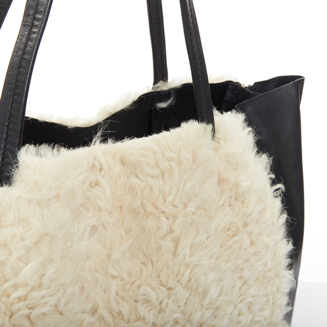 CELINE 2011 Vertical Gusset Cabas cream shearling black leather zip tote bag